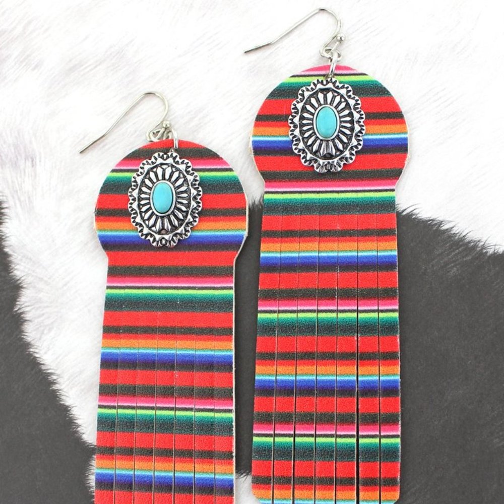 CONCHO ACCENTED SERAPE FAUX LEATHER SHREDDED EARRI